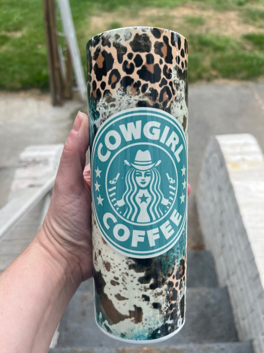 Cowgirl coffee turquoise and leopard 20oz stainless steel tumbler