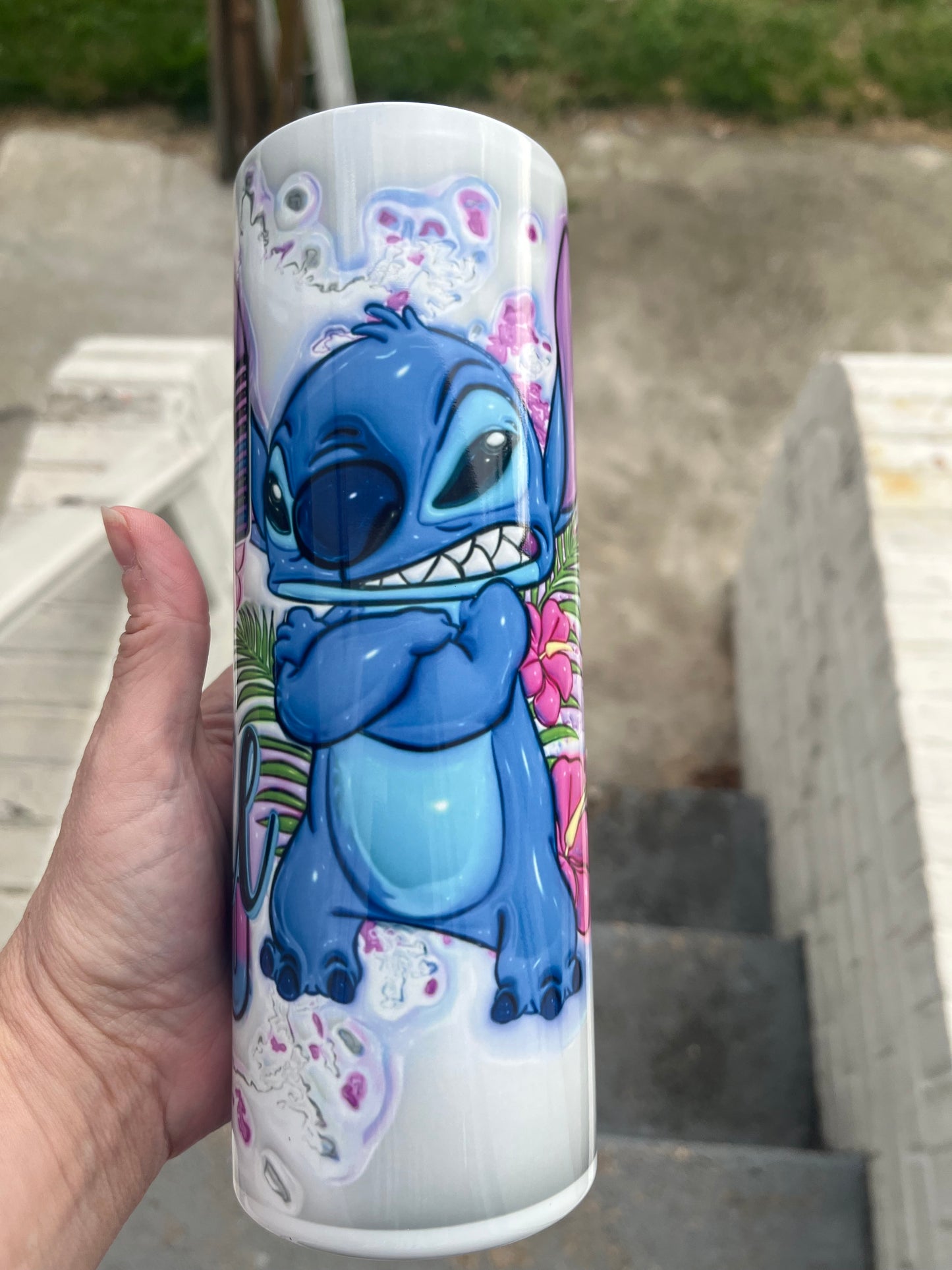 Touch me and I will bite you stitch 3D white background 20oz stainless steel tumbler