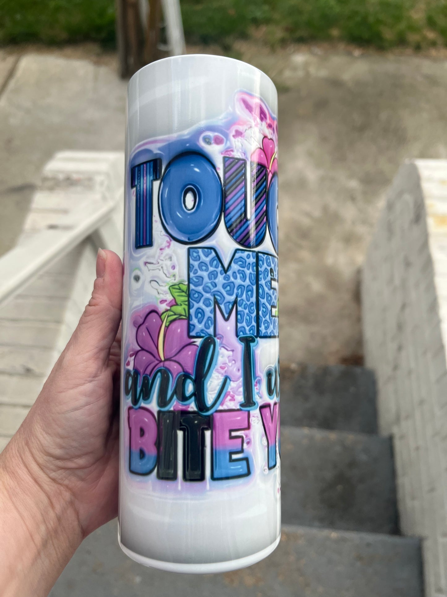 Touch me and I will bite you stitch 3D white background 20oz stainless steel tumbler