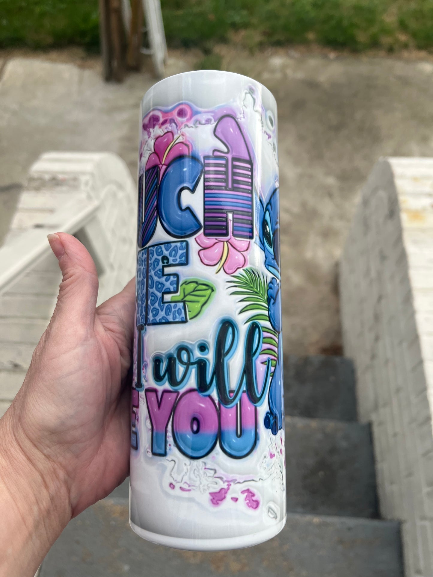 Touch me and I will bite you stitch 3D white background 20oz stainless steel tumbler