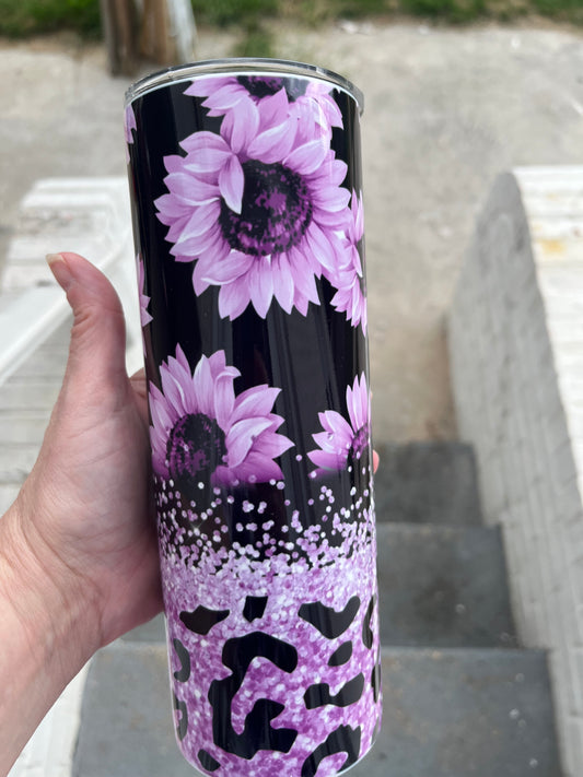 Purple sunflowers with leopard and glitter 20oz stainless steel tumbler